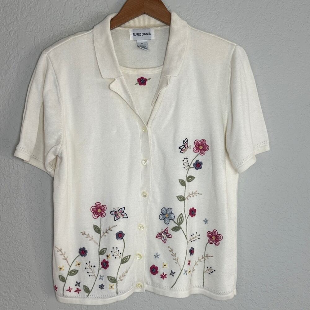 Vintage Alfred Dunner Cream Floral Embroidered Button Down Sweater Top Size XL